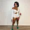 Fashionable V-neck short long sleeved top paired with slim fit, hip hugging short fit, slim fit two-piece set
