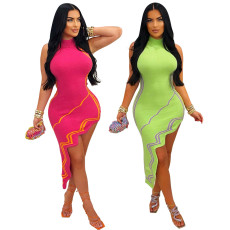 Sexy sleeveless wave print irregular dress