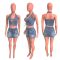 Fashion design cross embroidery casual stretch denim two-piece set