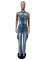 Slim fit elastic wash denim jumpsuit straight leg jumpsuit