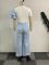Round neck short sleeved striped contrasting wide leg pants two-piece set