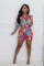 Printed 5-point sleeves, 4 pockets, shirt collar woven jumpsuit shorts