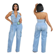 Slim fit elastic wash denim jumpsuit straight leg jumpsuit