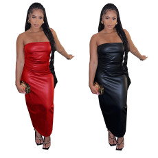 Side zipper, back slit PU jumpsuit long skirt leather skirt