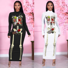 Women's printed long sleeved backless dress
