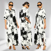 Vacation style landscape print loose casual lapel women's short sleeved dress