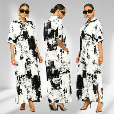 Vacation style landscape print loose casual lapel women's short sleeved dress