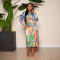 Printed V-neck, inner waist buckle, outer waist belt, long sleeved dress, long skirt