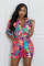 Printed 5-point sleeves, 4 pockets, shirt collar woven jumpsuit shorts