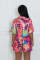 Printed 5-point sleeves, 4 pockets, shirt collar woven jumpsuit shorts