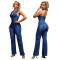 High stretch washed denim jumpsuit with straight leg and loose fit