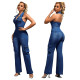 High stretch washed denim jumpsuit with straight leg and loose fit