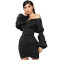 New slim fit bubble sleeve one shoulder V-neck dress