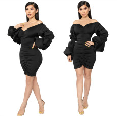 New slim fit bubble sleeve one shoulder V-neck dress
