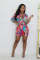 Printed 5-point sleeves, 4 pockets, shirt collar woven jumpsuit shorts