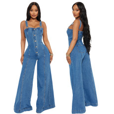 Fashionable casual sexy shoulder strap denim jumpsuit wide leg pants