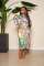 Printed V-neck, inner waist buckle, outer waist belt, long sleeved dress, long skirt
