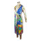 Printed V-neck, inner waist buckle, outer waist belt, long sleeved dress, long skirt