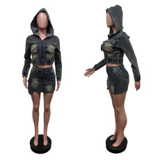 Elastic denim hooded set