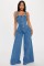 Fashionable casual sexy shoulder strap denim jumpsuit wide leg pants