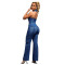 High stretch washed denim jumpsuit with straight leg and loose fit