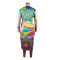 Printed V-neck, inner waist buckle, outer waist belt, long sleeved dress, long skirt