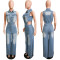 Tight waist slim fit elastic wash denim jumpsuit straight tube loose jumpsuit