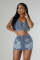 Fashion design cross embroidery casual stretch denim two-piece set