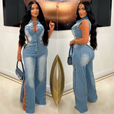 Tight waist slim fit elastic wash denim jumpsuit straight tube loose jumpsuit