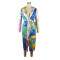 Printed V-neck, inner waist buckle, outer waist belt, long sleeved dress, long skirt