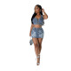 Fashion design cross embroidery casual stretch denim two-piece set