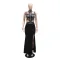 Fashionable round neck sleeveless rhinestone dress with a feminine touch, high slit evening gown, long skirt