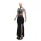 Fashionable round neck sleeveless rhinestone dress with a feminine touch, high slit evening gown, long skirt