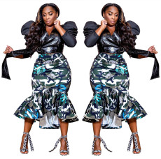 Popular fashion camouflage+palm print ruffle edge skirt