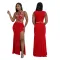 Fashionable round neck sleeveless rhinestone dress with a feminine touch, high slit evening gown, long skirt