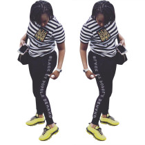 Fashion black and white striped casual sports suit