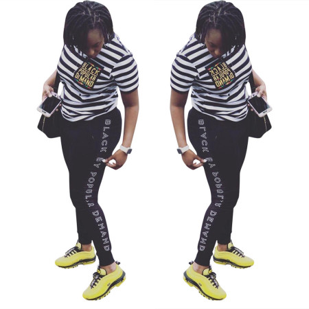 Fashion black and white striped casual sports suit