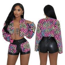 Fashion casual leopard print jacket plush short jacket paired with hip hugging short two-piece set