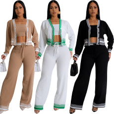 Hot selling knitted cardigan striped patchwork casual set (3-piece set)