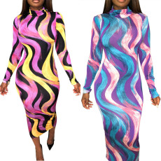 Colorful printed long sleeved slim fit dress