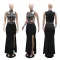 Fashionable round neck sleeveless rhinestone dress with a feminine touch, high slit evening gown, long skirt