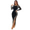 Fashionable women's long sleeved backless slit dress, long skirt