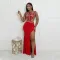 Fashionable round neck sleeveless rhinestone dress with a feminine touch, high slit evening gown, long skirt