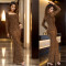 Fashionable women's rhinestone long sleeved one neck dress