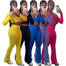 Solid color short top high waist micro horn sports and leisure three piece set