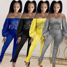 Hot selling printed one shoulder lantern sleeve slim fit jumpsuit