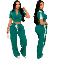 Fashion and casual two-piece women's zipper short sleeved top paired with loose pants