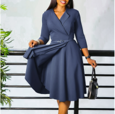 Fashionable V-neck solid color large skirt high waisted  dress