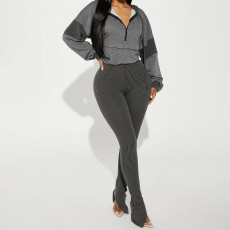 Autumn and winter fashion long sleeved hooded patchwork top, slim fit elastic striped slit pants