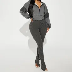Autumn and winter fashion long sleeved hooded patchwork top, slim fit elastic striped slit pants